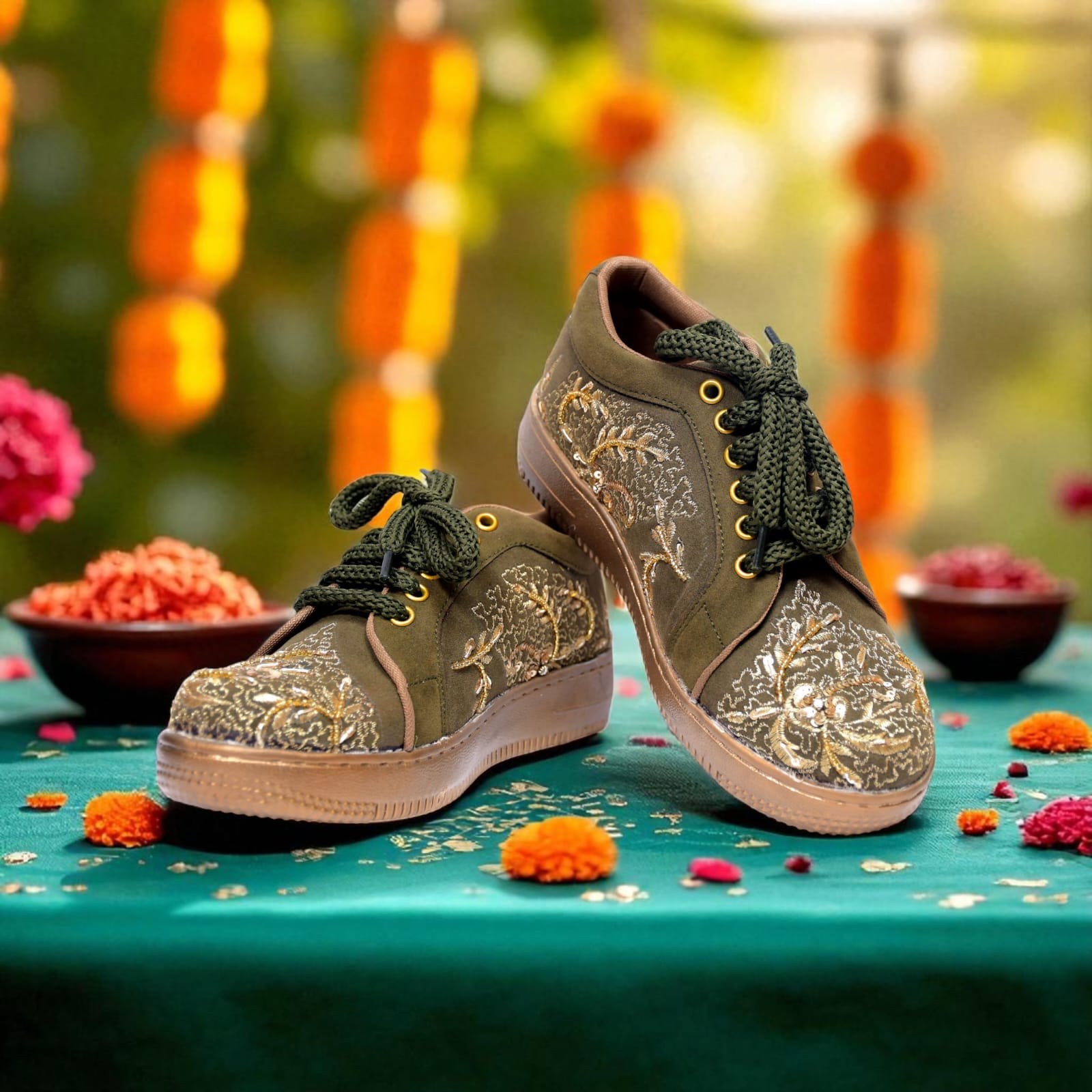 Green and gold classic embroidery sneakers