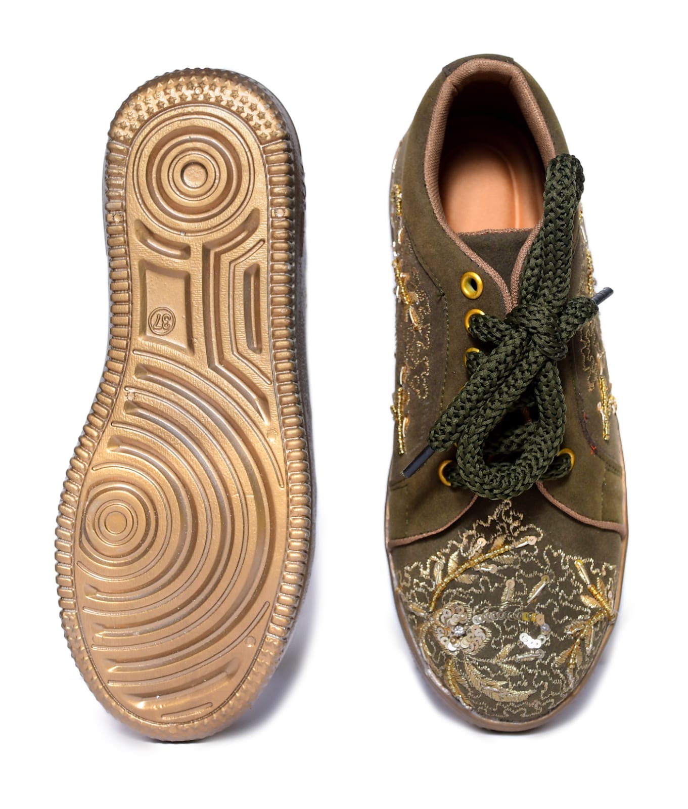 Green and gold classic embroidery sneakers