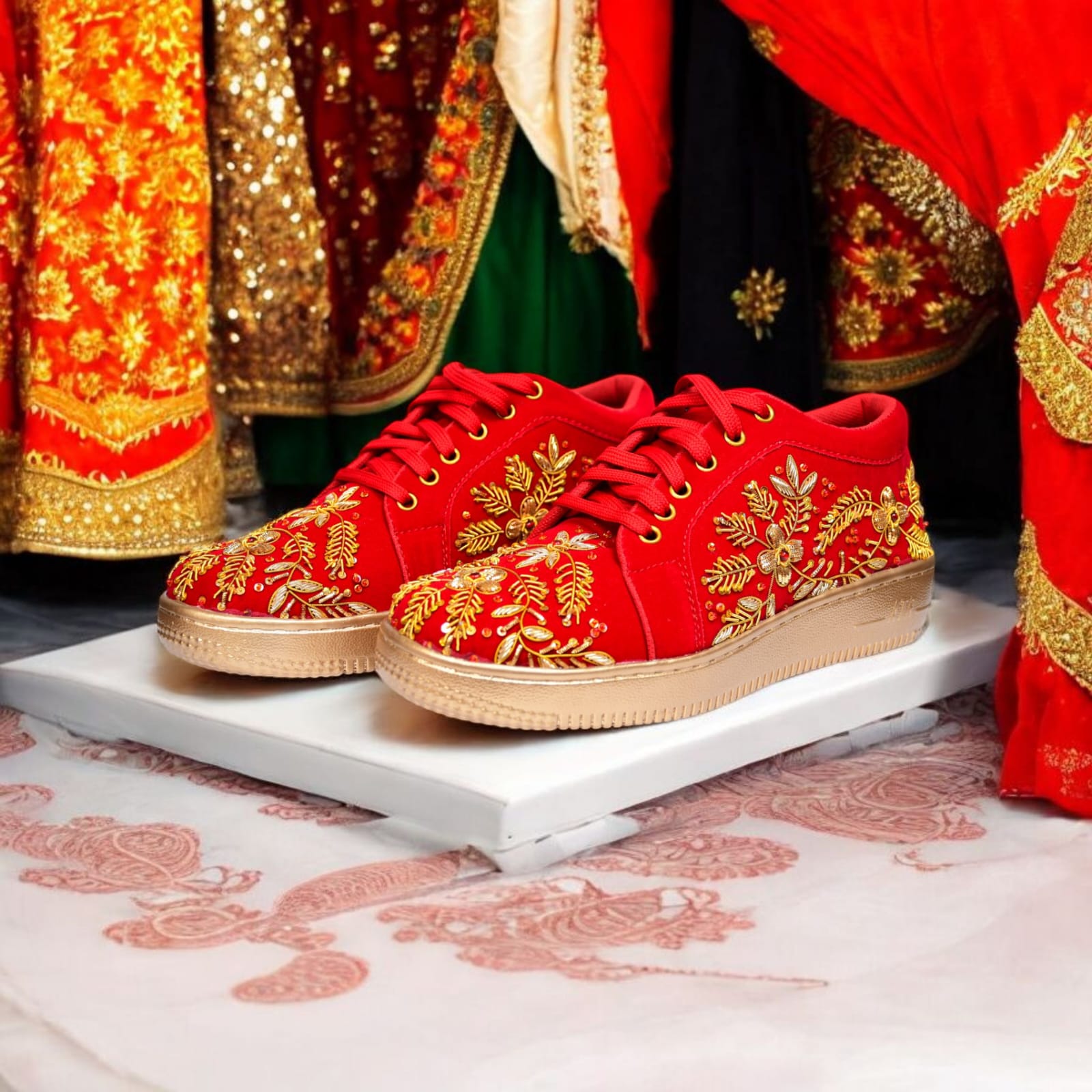 Red and gold classic zari sneakers