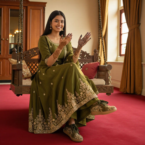 Green and gold classic embroidery sneakers